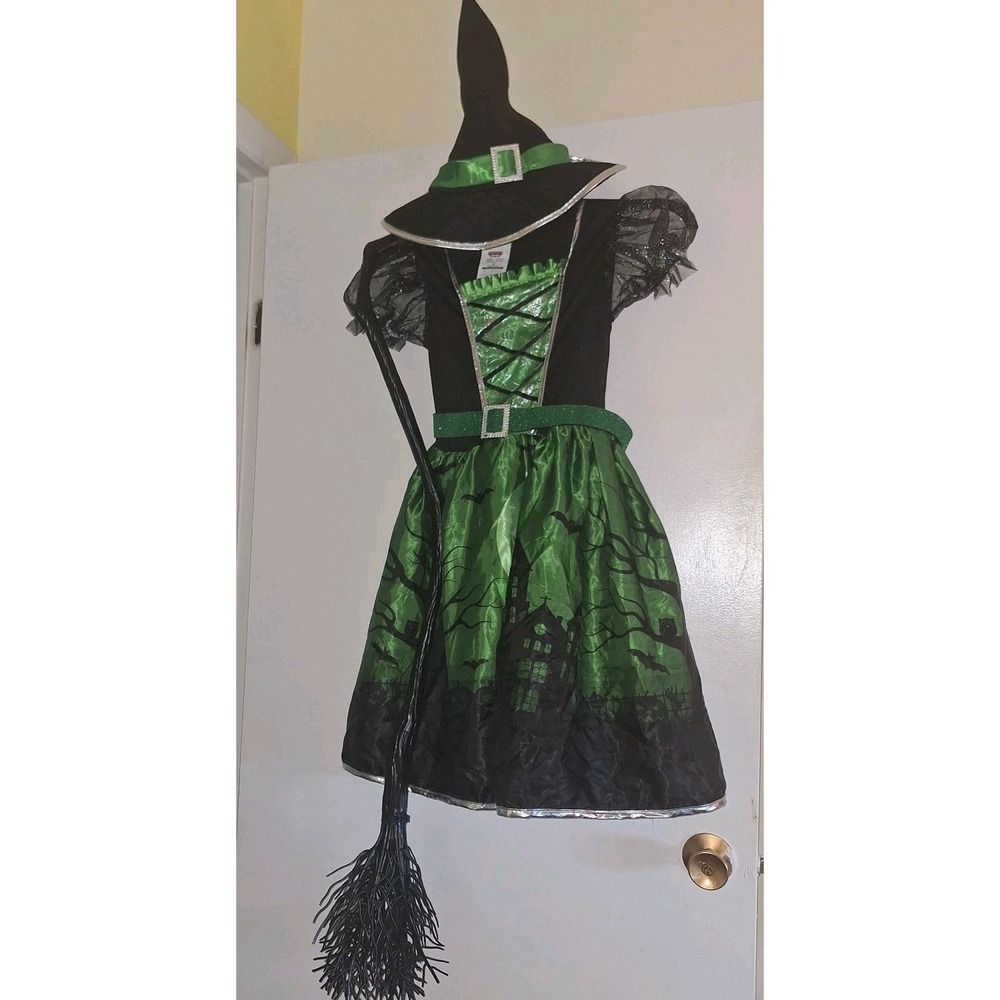 Witch Green Black Halloween Girls Costume Medium Dress Hat Belt Broomstick